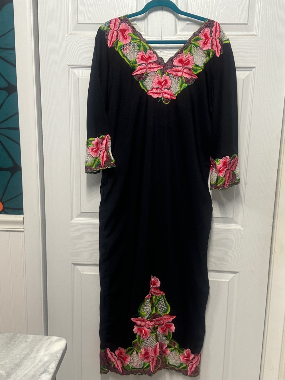 Black Midi Dress with Pink Floral Embroidered Accents - Picture 2 of 8